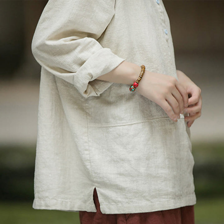 Buddha Stones Solid Color Long Sleeve Ramie Linen Half Button Women's Shirt - image 24