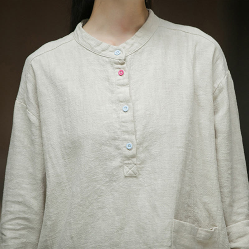 Buddha Stones Solid Color Long Sleeve Ramie Linen Half Button Women's Shirt - image 23