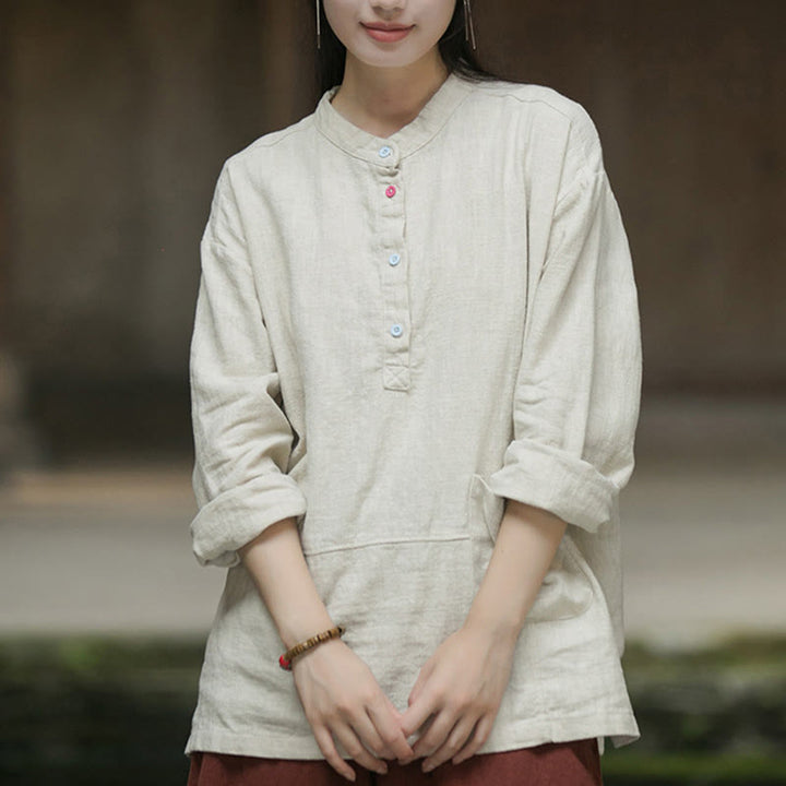 Buddha Stones Solid Color Long Sleeve Ramie Linen Half Button Women's Shirt - image 15