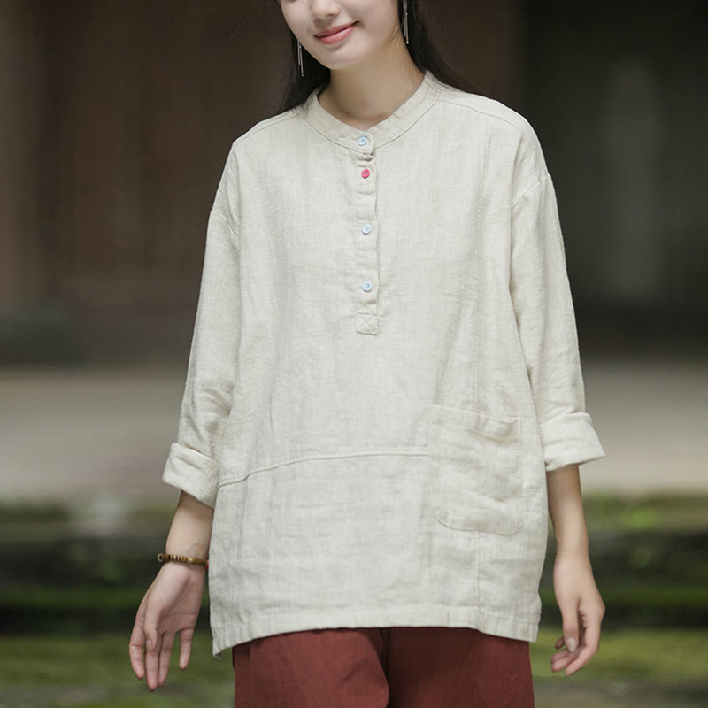 Buddha Stones Solid Color Long Sleeve Ramie Linen Half Button Women's Shirt - Beige - US4-8/10，UK/AU8-12/14，EU36-40/42 (F) - image 11