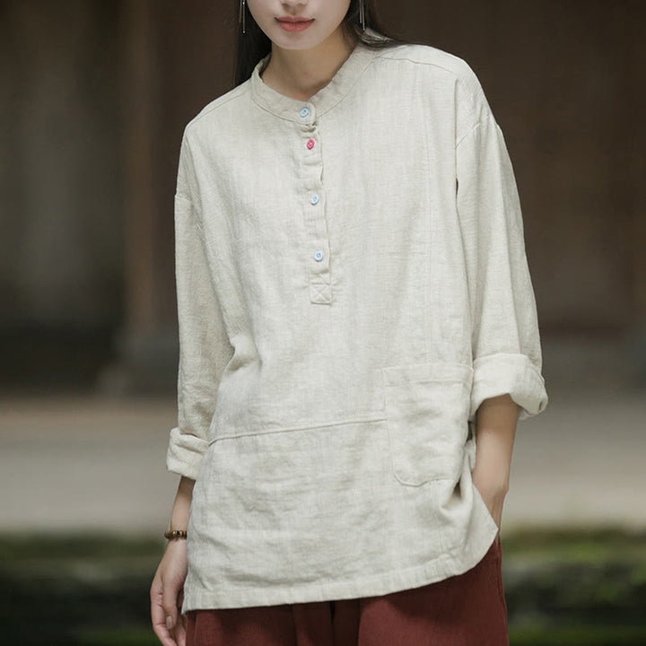 Buddha Stones Solid Color Long Sleeve Ramie Linen Half Button Women's Shirt - image 13