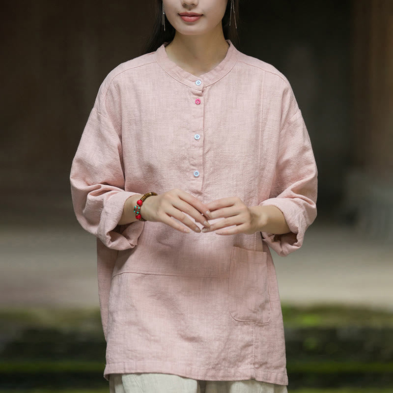 Buddha Stones Solid Color Long Sleeve Ramie Linen Half Button Women's Shirt - image 1