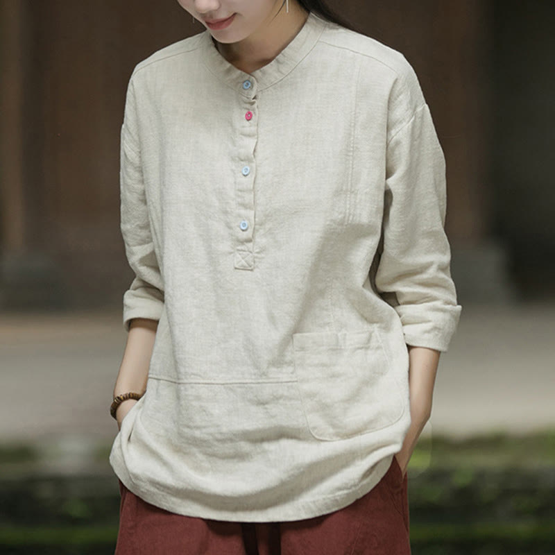 Buddha Stones Solid Color Long Sleeve Ramie Linen Half Button Women's Shirt - image 19