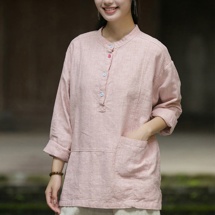 Buddha Stones Solid Color Long Sleeve Ramie Linen Half Button Women's Shirt - image 2