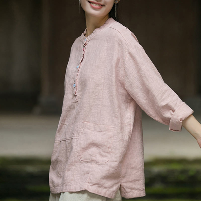 Buddha Stones Solid Color Long Sleeve Ramie Linen Half Button Women's Shirt - image 4