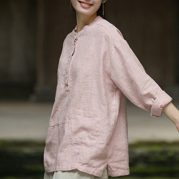Buddha Stones Solid Color Long Sleeve Ramie Linen Half Button Women's Shirt - image 4