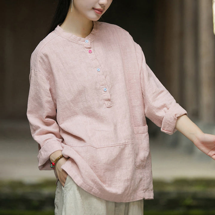Buddha Stones Solid Color Long Sleeve Ramie Linen Half Button Women's Shirt - image 6