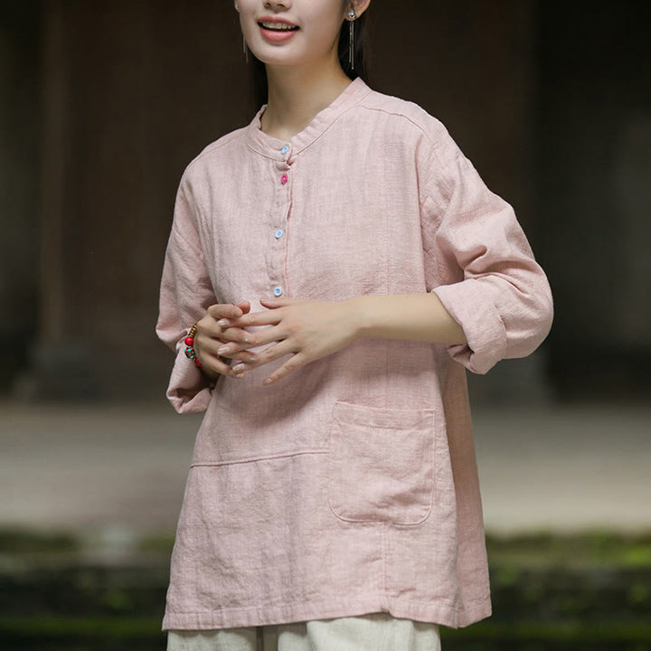 Buddha Stones Solid Color Long Sleeve Ramie Linen Half Button Women's Shirt - image 8