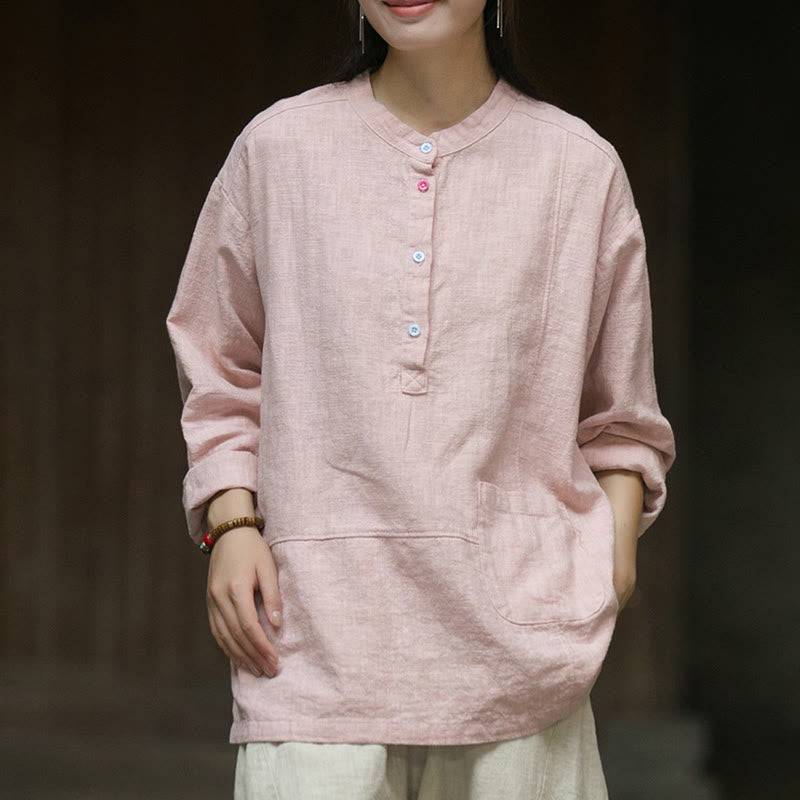 Buddha Stones Solid Color Long Sleeve Ramie Linen Half Button Women's Shirt - LightPink - US4-8/10，UK/AU8-12/14，EU36-40/42 (F) - image 0
