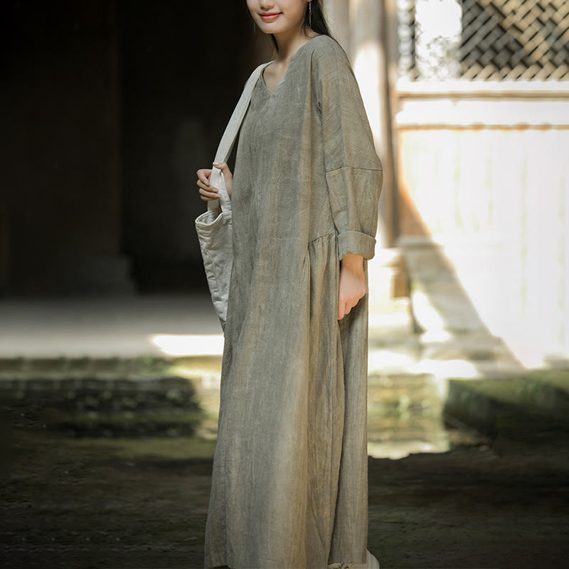Buddha Stones Solid Color Chinese V-neck Long Sleeve Ramie Linen Midi Dress - image 17