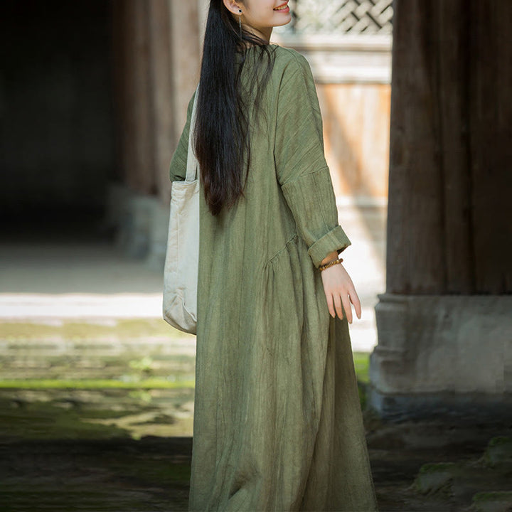 Buddha Stones Solid Color Chinese V-neck Long Sleeve Ramie Linen Midi Dress - image 4
