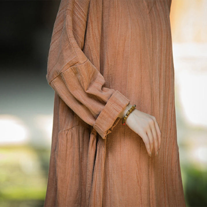 Buddha Stones Solid Color Chinese V-neck Long Sleeve Ramie Linen Midi Dress - image 32