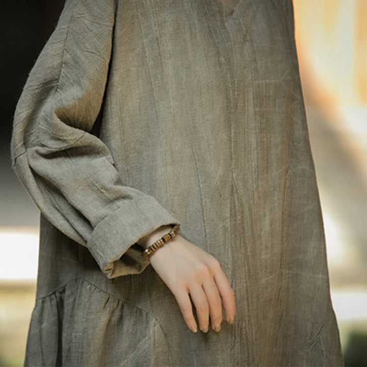 Buddha Stones Solid Color Chinese V-neck Long Sleeve Ramie Linen Midi Dress - image 22