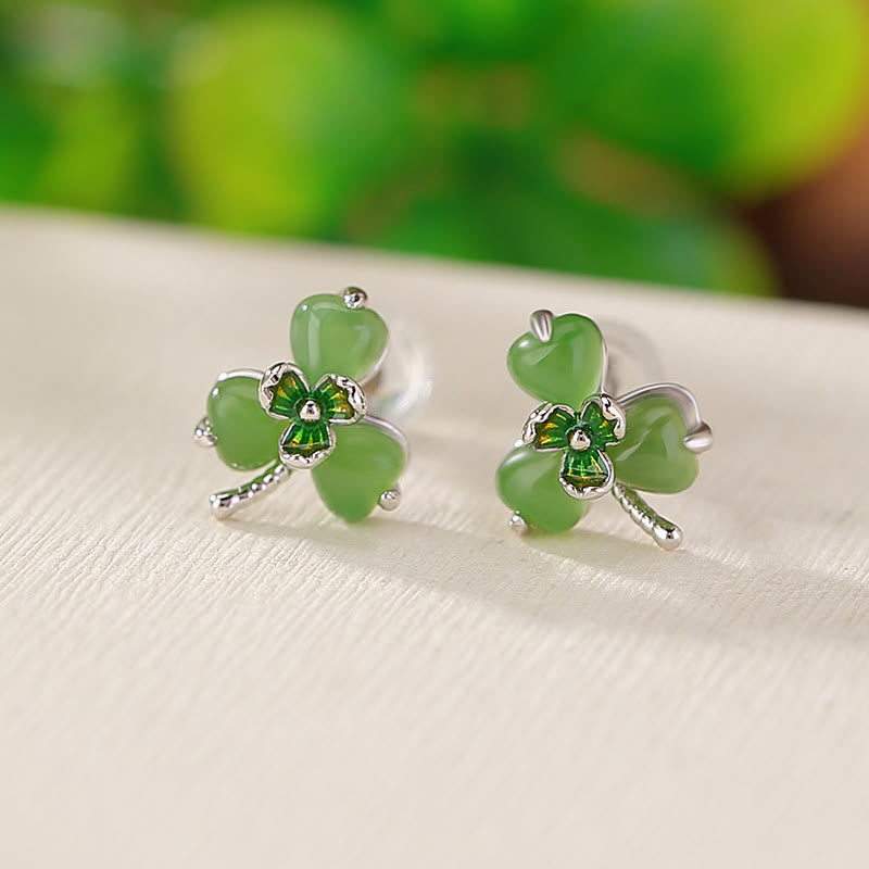 Buddha Stones 925 Sterling Silver Enamel Hetian Jade Shamrock Luck Earrings  - 925 Sterling Silver Hetian Jade - image 0