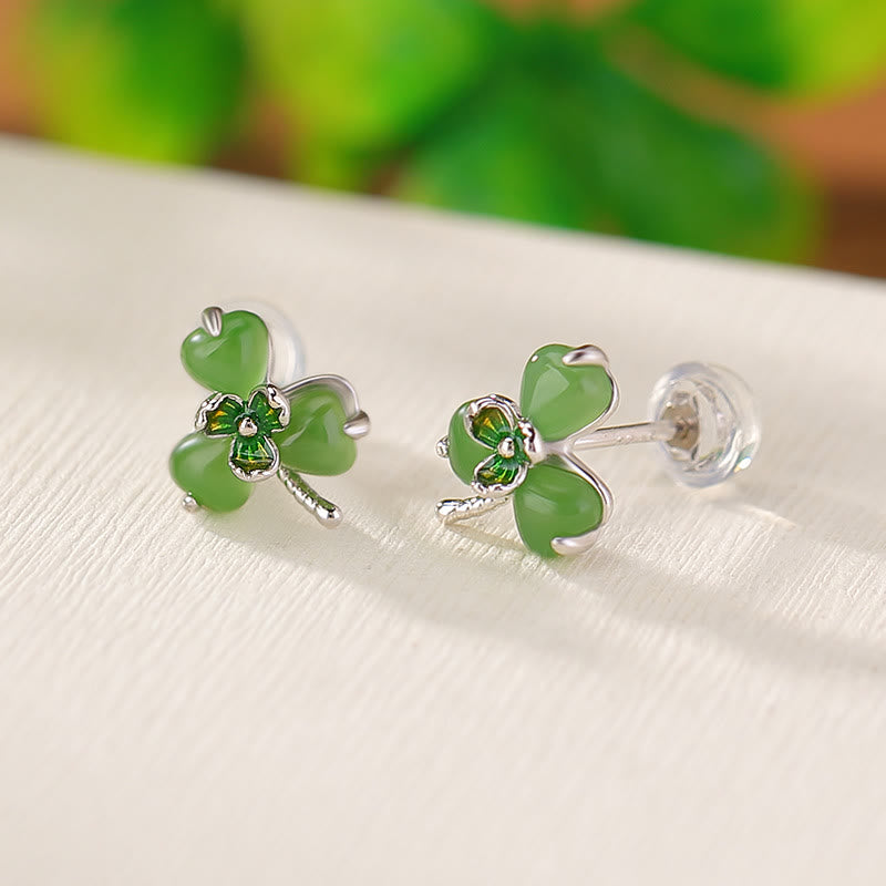 Buddha Stones 925 Sterling Silver Enamel Hetian Jade Shamrock Luck Earrings  - image 1