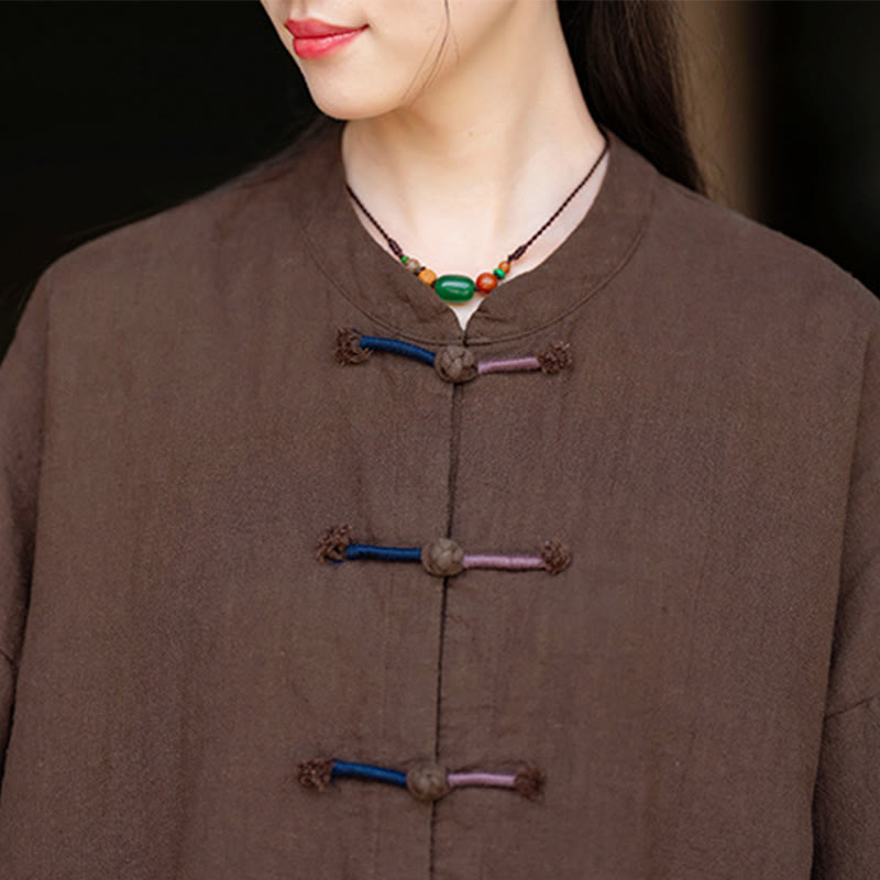 Buddha Stones Solid Color Two-color Frog-button Long Sleeve Ramie Linen Women's Shirt - image 19