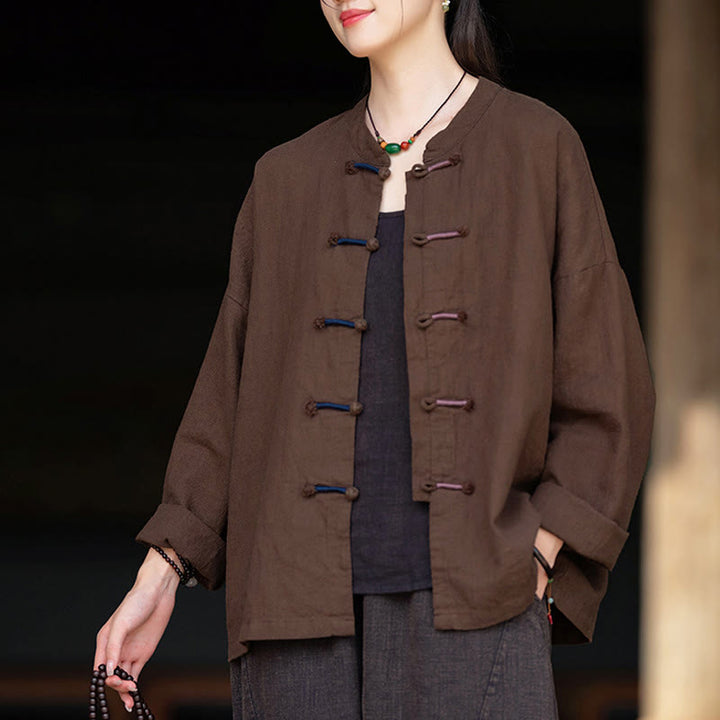Buddha Stones Solid Color Two-color Frog-button Long Sleeve Ramie Linen Women's Shirt - image 15