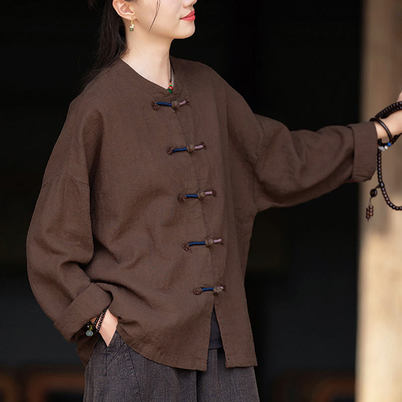 Buddha Stones Solid Color Two-color Frog-button Long Sleeve Ramie Linen Women's Shirt - image 11