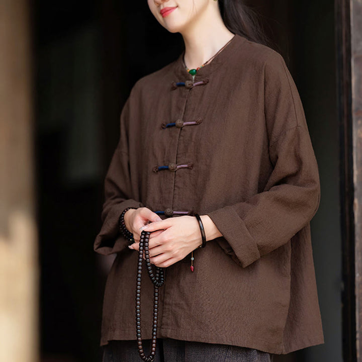 Buddha Stones Solid Color Two-color Frog-button Long Sleeve Ramie Linen Women's Shirt - image 14