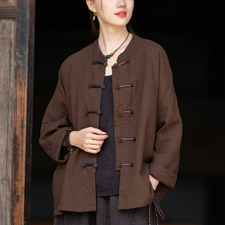 Buddha Stones Solid Color Two-color Frog-button Long Sleeve Ramie Linen Women's Shirt - image 17