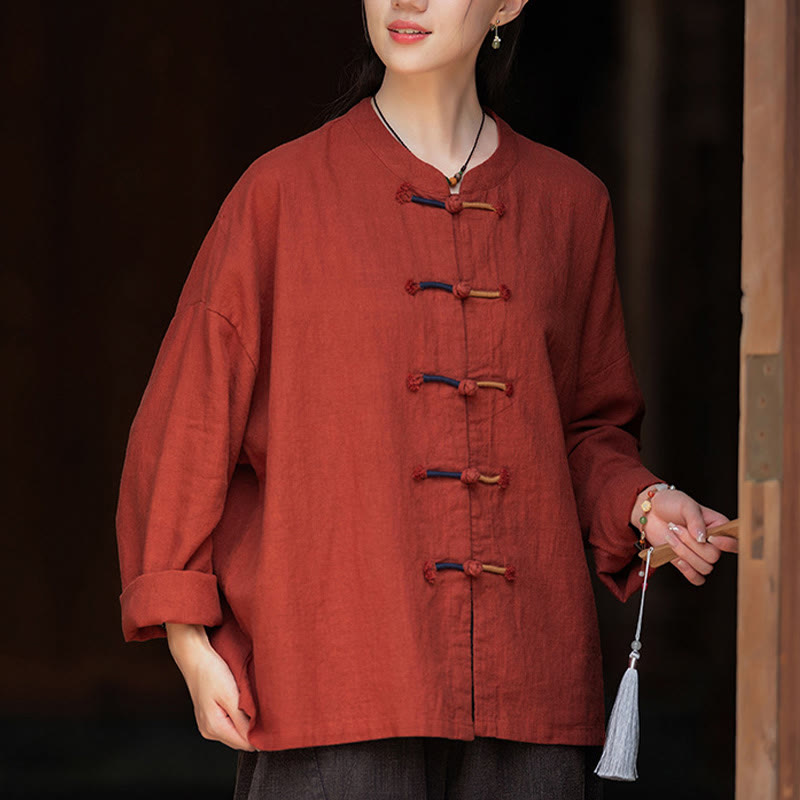 Buddha Stones Solid Color Two-color Frog-button Long Sleeve Ramie Linen Women's Shirt - image 23