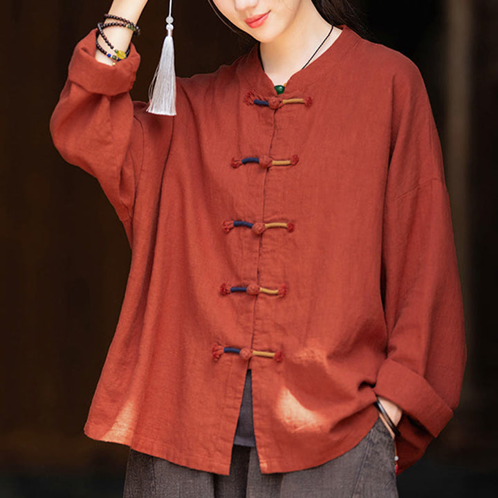 Buddha Stones Solid Color Two-color Frog-button Long Sleeve Ramie Linen Women's Shirt - image 22