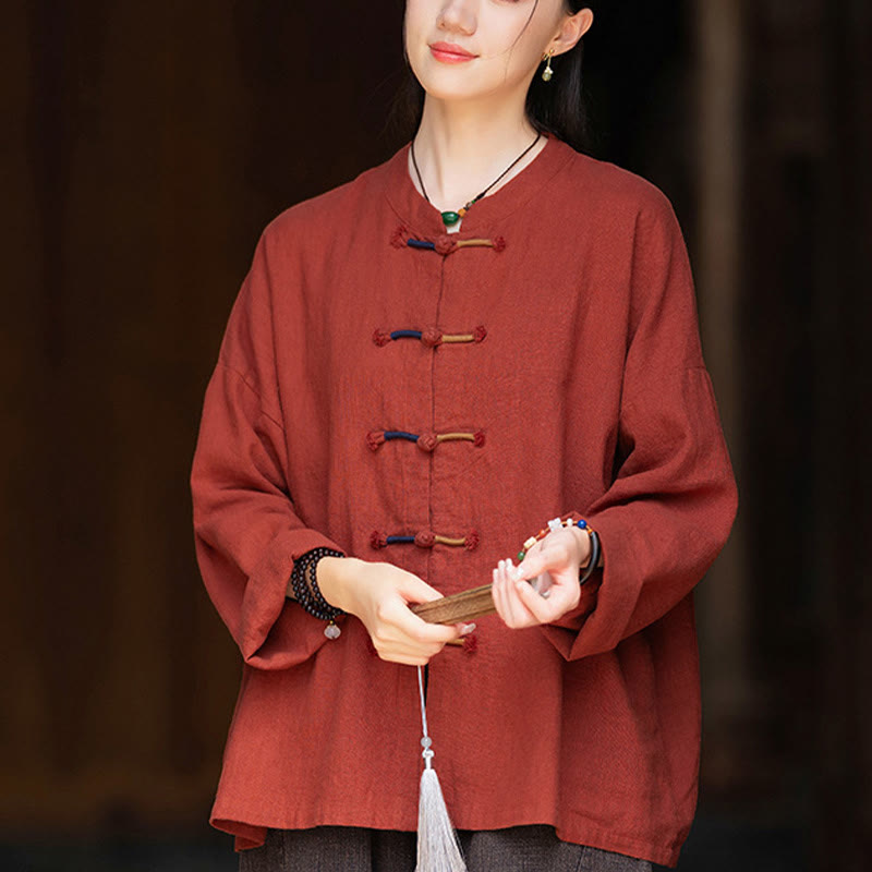 Buddha Stones Solid Color Two-color Frog-button Long Sleeve Ramie Linen Women's Shirt - image 25