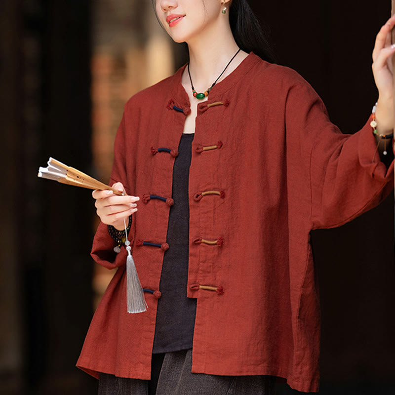 Buddha Stones Solid Color Two-color Frog-button Long Sleeve Ramie Linen Women's Shirt - image 27