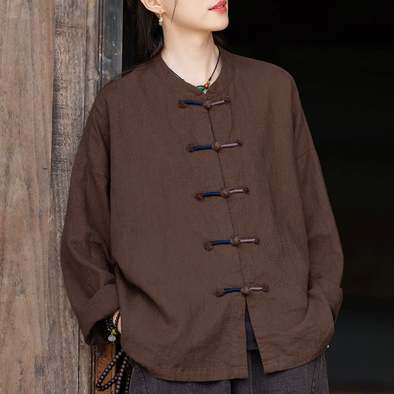 Buddha Stones Solid Color Two-color Frog-button Long Sleeve Ramie Linen Women's Shirt - image 13