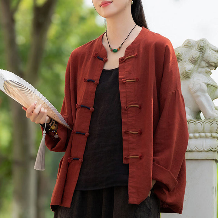 Buddha Stones Solid Color Two-color Frog-button Long Sleeve Ramie Linen Women's Shirt - image 29