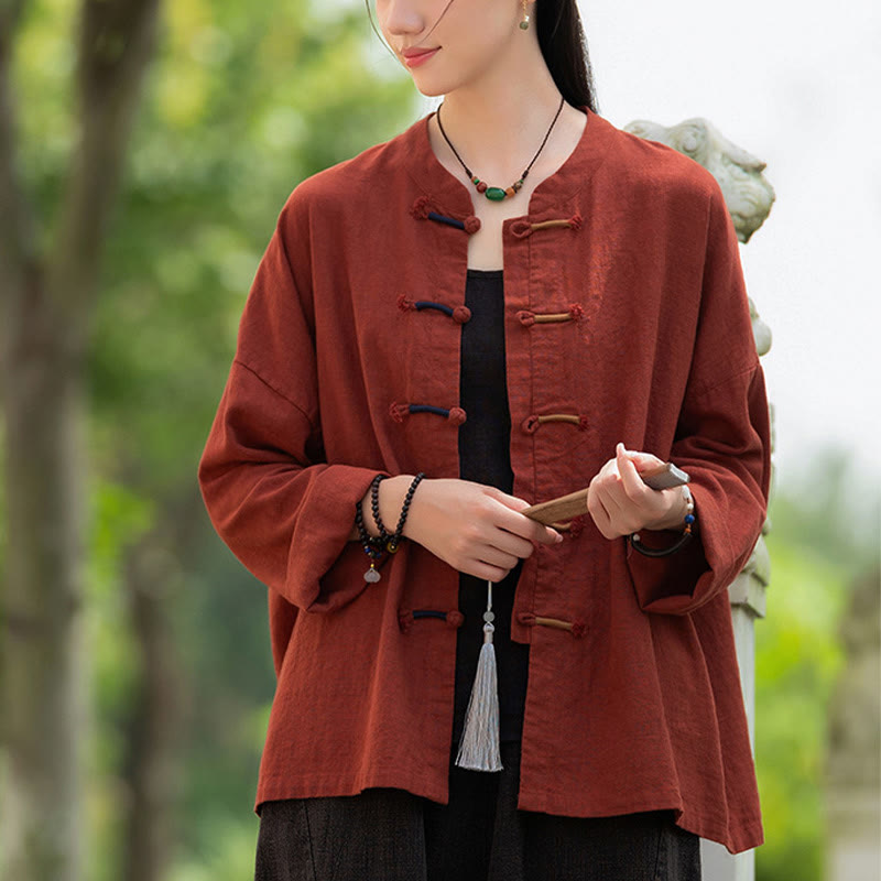 Buddha Stones Solid Color Two-color Frog-button Long Sleeve Ramie Linen Women's Shirt - image 28