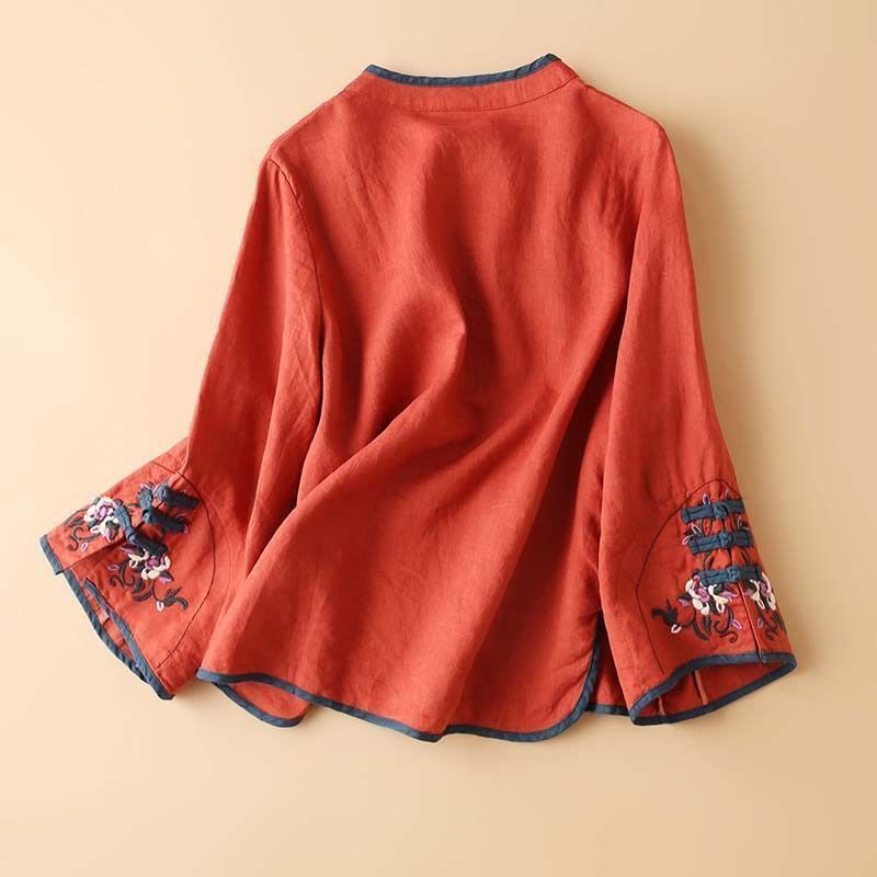 Buddha Stones Retro Flower Embroidery Design Long Sleeve Cotton Linen Women's Shirt - image 1