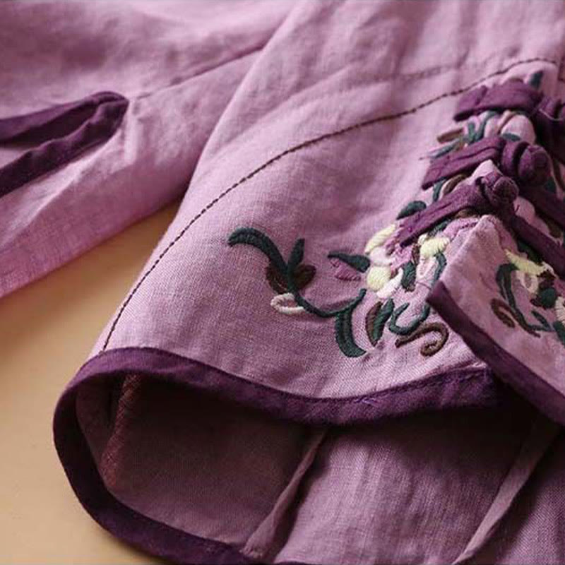 Buddha Stones Retro Flower Embroidery Design Long Sleeve Cotton Linen Women's Shirt - image 20