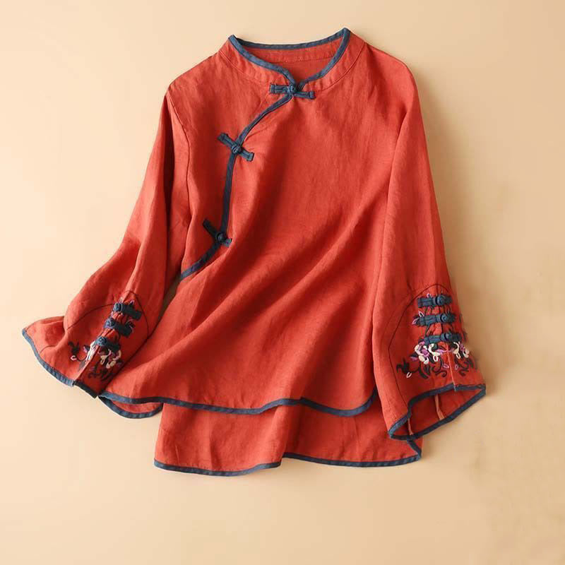 Buddha Stones Retro Flower Embroidery Design Long Sleeve Cotton Linen Women's Shirt - Red - US14，UK/AU18，EU46 (4XL) - image 0