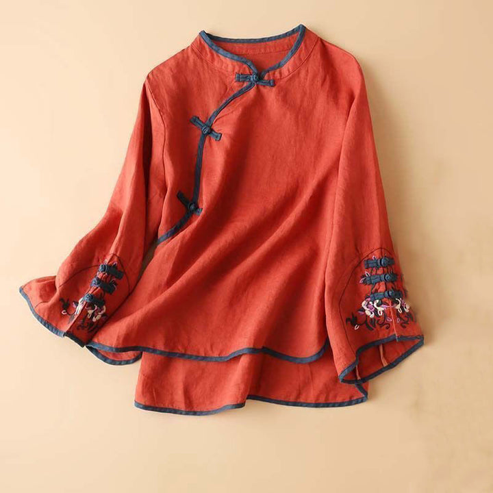 Buddha Stones Retro Flower Embroidery Design Long Sleeve Cotton Linen Women's Shirt - Red - US14，UK/AU18，EU46 (4XL) - image 0