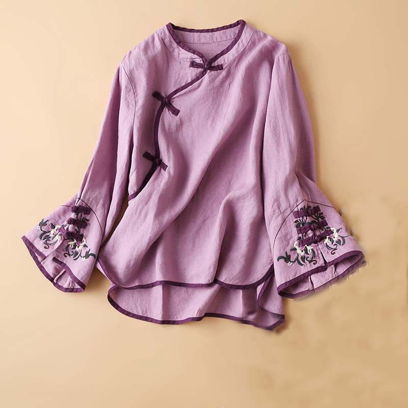Buddha Stones Retro Flower Embroidery Design Long Sleeve Cotton Linen Women's Shirt - Violet - US14，UK/AU18，EU46 (4XL) - image 17