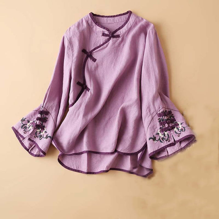 Buddha Stones Retro Flower Embroidery Design Long Sleeve Cotton Linen Women's Shirt - Violet - US14，UK/AU18，EU46 (4XL) - image 17