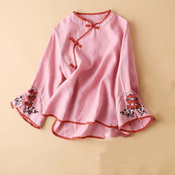 Buddha Stones Retro Flower Embroidery Design Long Sleeve Cotton Linen Women's Shirt - Pink - US14，UK/AU18，EU46 (4XL) - image 14
