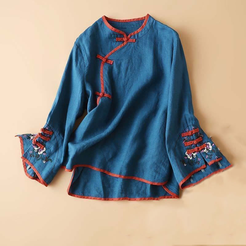 Buddha Stones Retro Flower Embroidery Design Long Sleeve Cotton Linen Women's Shirt - SteelBlue - US14，UK/AU18，EU46 (4XL) - image 11