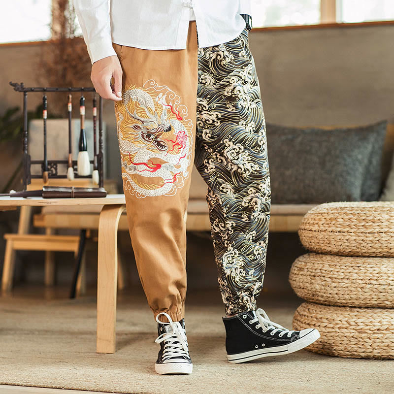 Buddha Stones Dragon Pattern Two-tone Men's Pants With Pockets - Khaki - US/UK/AU46，EU56 (5XL) - image 6