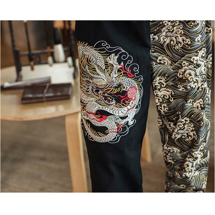 Buddha Stones Dragon Pattern Two-tone Men's Pants With Pockets - image 3
