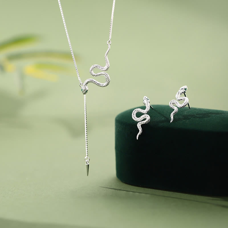Buddha Stones 925 Sterling Silver Year of the Snake Balance Necklace Pendant Earrings Set - image 1