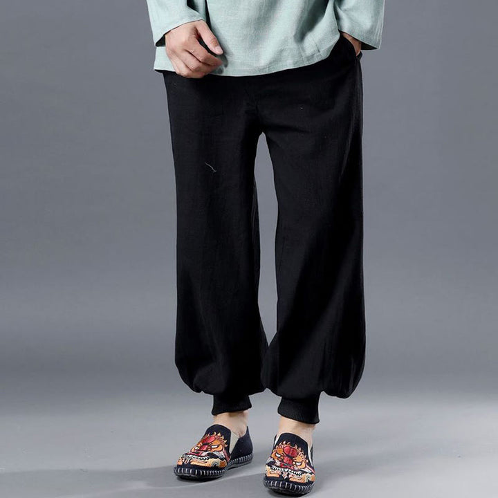 Buddha Stones Solid Color Front Zipper Ramie Linen Men's Pants With Pockets - image 9