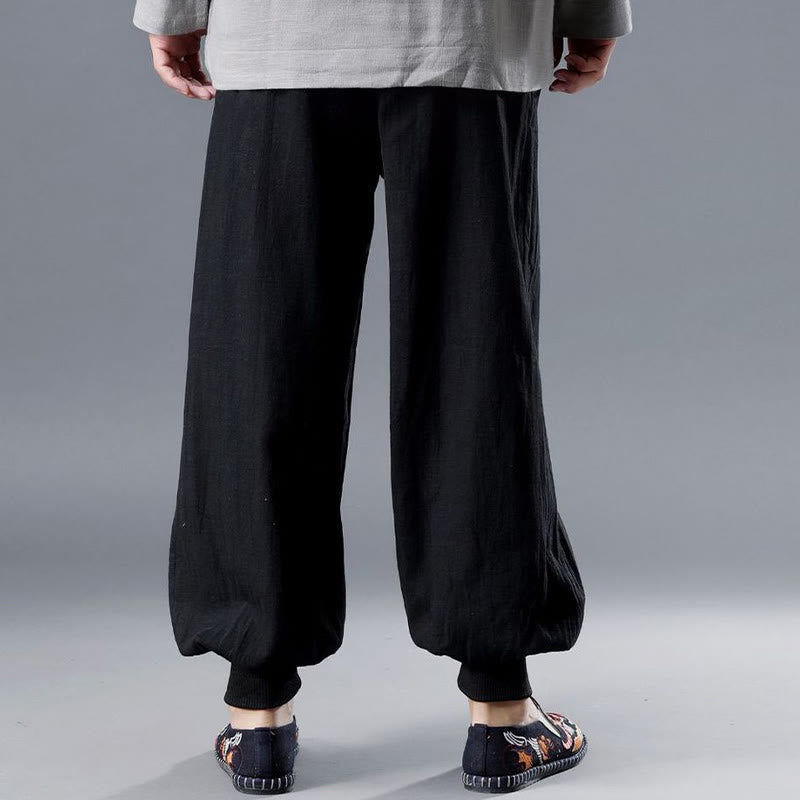 Buddha Stones Solid Color Front Zipper Ramie Linen Men's Pants With Pockets - image 10