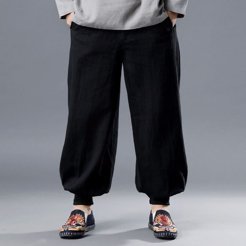 Buddha Stones Solid Color Front Zipper Ramie Linen Men's Pants With Pockets - image 6