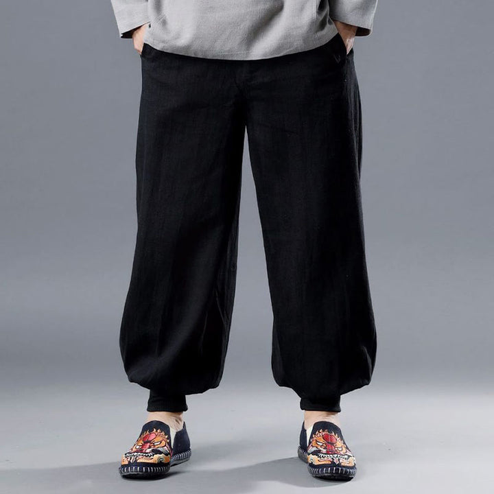 Buddha Stones Solid Color Front Zipper Ramie Linen Men's Pants With Pockets - image 6