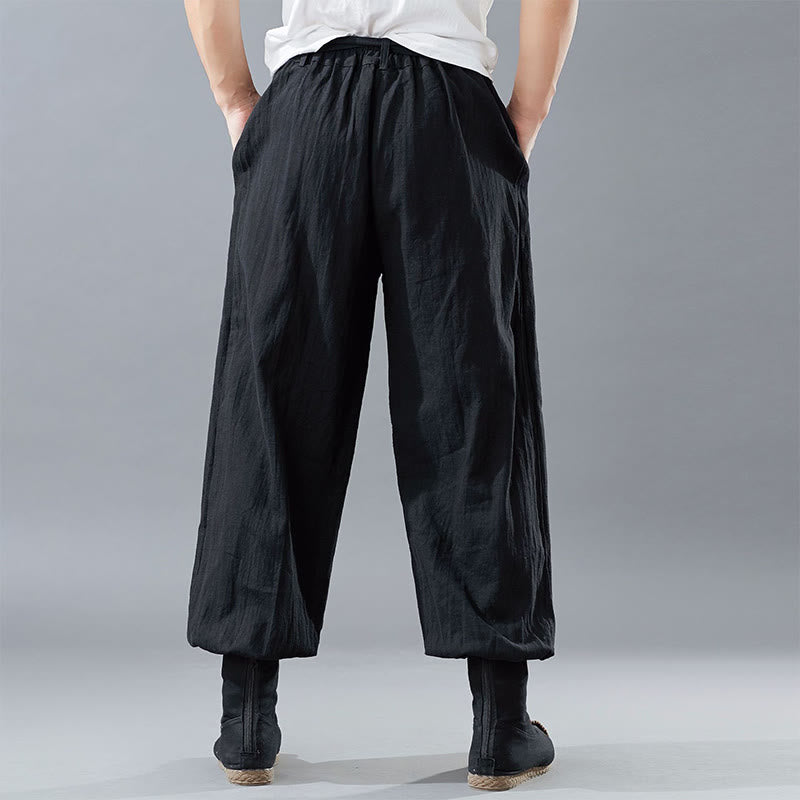 Buddha Stones Solid Color Front Zipper Ramie Linen Men's Pants With Pockets - image 4