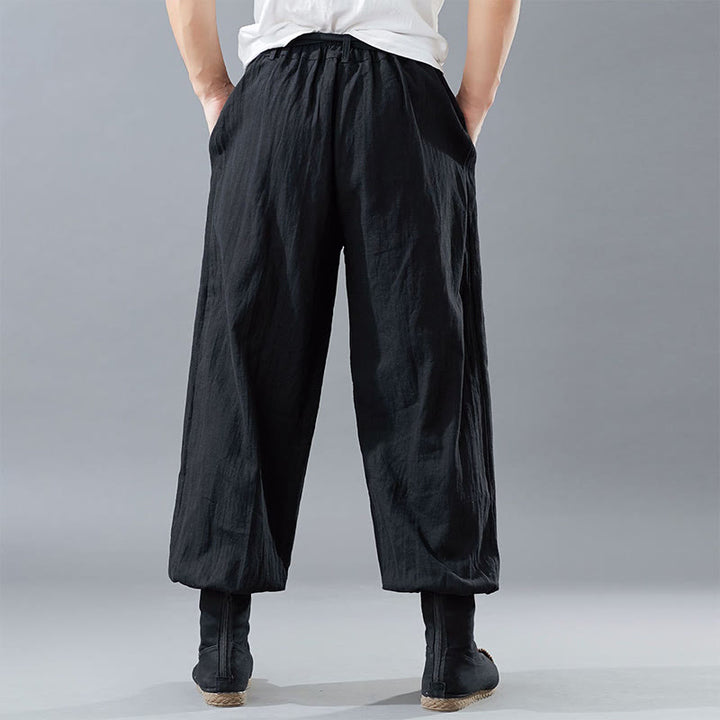 Buddha Stones Solid Color Front Zipper Ramie Linen Men's Pants With Pockets - image 4
