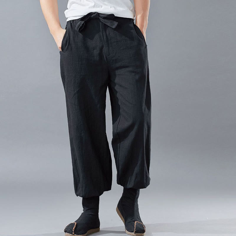 Buddha Stones Solid Color Front Zipper Ramie Linen Men's Pants With Pockets - image 1
