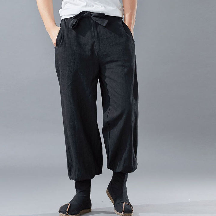 Buddha Stones Solid Color Front Zipper Ramie Linen Men's Pants With Pockets - image 1